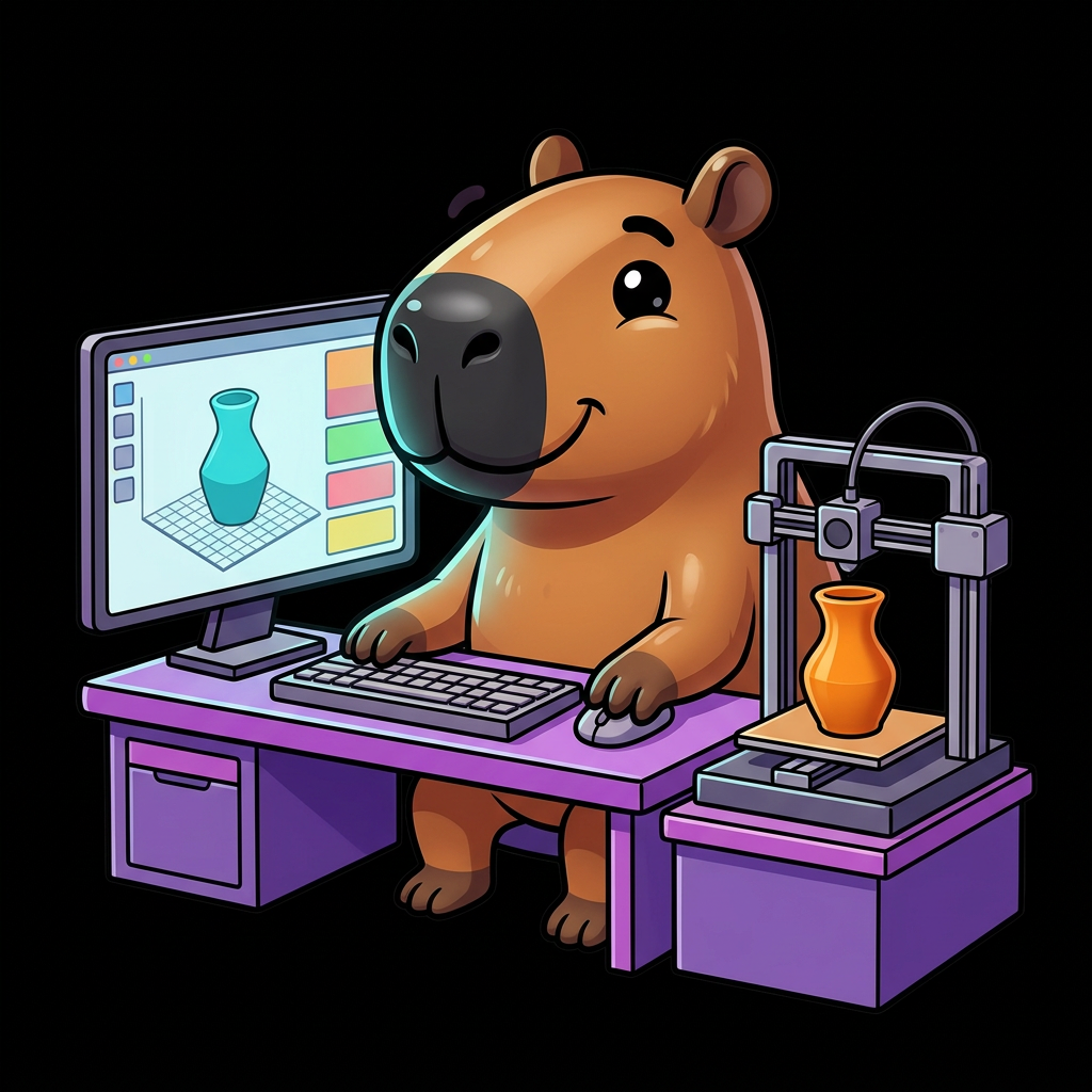 Capivara usando Bambu Studio ao lado da impressora 3D